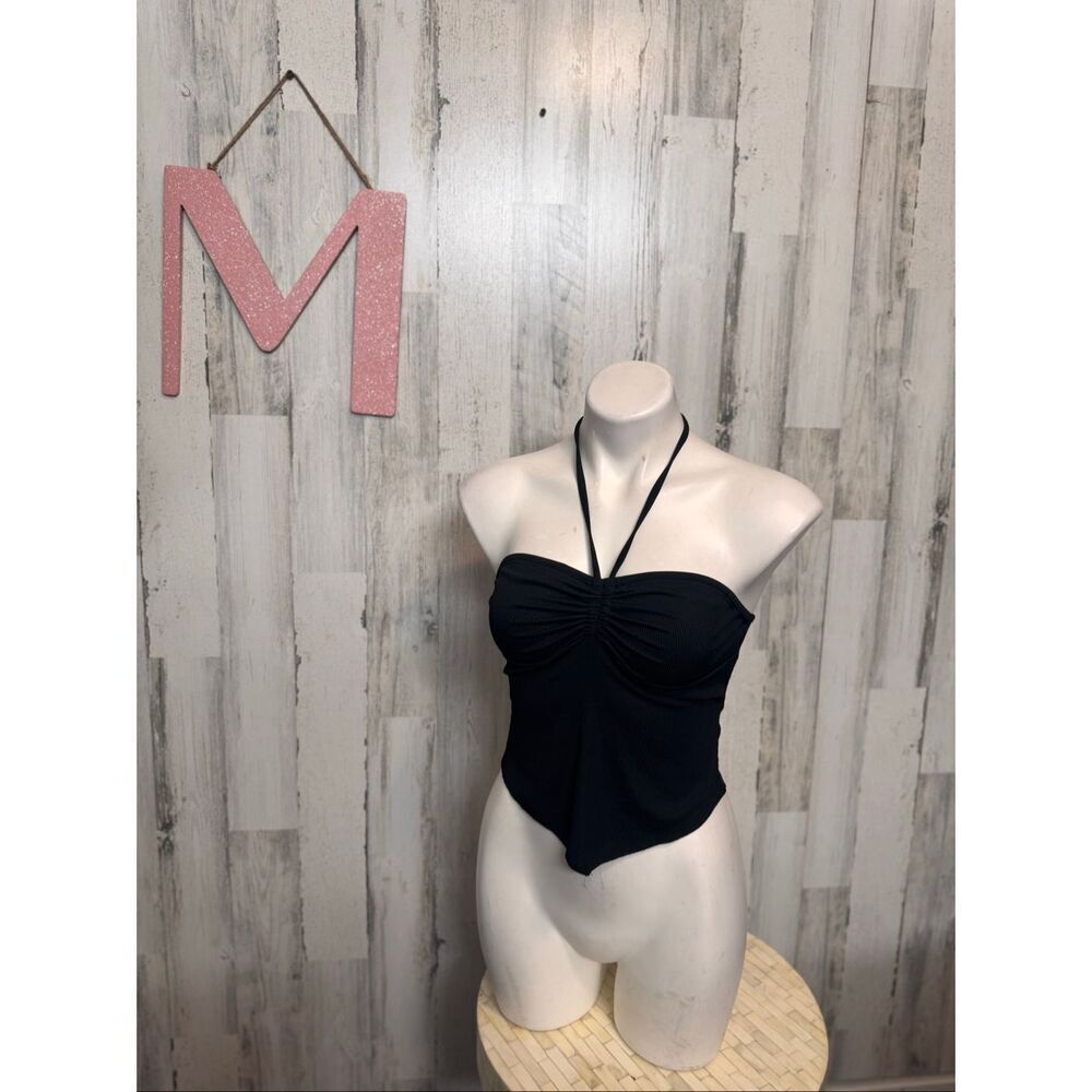 Romwe Crop Top Womens Medium Black Ribbed Halter Neck Ruched Handkerchief Hem